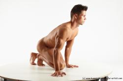 Nude Man White Kneeling poses - ALL Muscular Short Brown Kneeling poses - on both knees Realistic